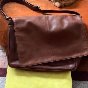 Brown Leather Messenger Bag with Flap-Over Top
